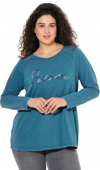 Ulla Popken Dream Rhinestone Lettering Long Sleeve Tee Teal - Tricouri imprimate pentru femei - 