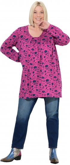 Ulla Popken Pleated Long Sleeve Floral Knit Tunic Summer Berry - Tricouri imprimate pentru femei - 