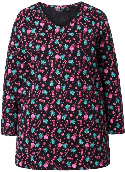 Ulla Popken Peppermint Tree V-Neck Holiday Cotton Long Sleeve Knit Tunic Black - Tricouri imprimate pentru femei - 