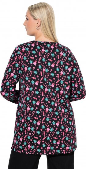 Ulla Popken Peppermint Tree V-Neck Holiday Cotton Long Sleeve Knit Tunic Black - Tricouri imprimate pentru femei - 