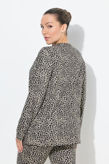 Ulla Popken Leopard Print Long Sleeve Ski Tee Black - Tricouri imprimate pentru femei - 