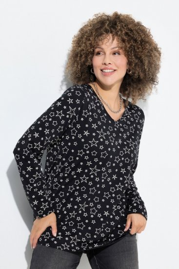 Ulla Popken Allover Printed Long Sleeve Tee Black - Tricouri imprimate pentru femei - Tricouri cu imprimeu pentru femei