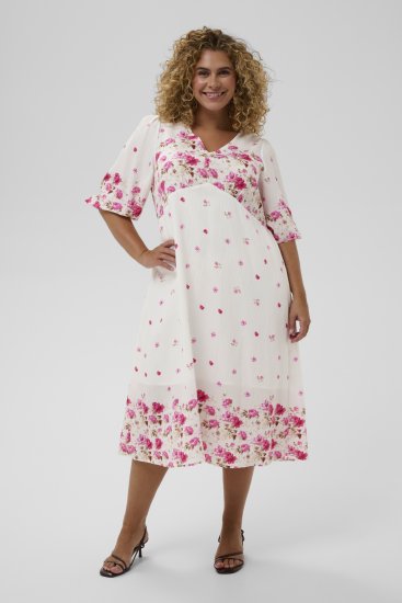 Kaffe Curve Rosa Midi Dress White Rose Border Flower - Rochii - 