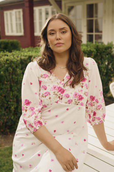 Kaffe Curve Rosa Midi Dress White Rose Border Flower - Rochii - 