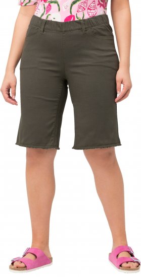 Ulla Popken Frayed Hemline Elastic Waistband Bermuda Shorts Loden Green - Blugi & Pantaloni pentru Femei Mărimi Mari – Plus Size - 