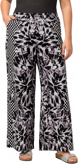 Ulla Popken Checkered Floral Elastic Waist Palazzo Paints Black - Blugi & Pantaloni pentru Femei Mărimi Mari – Plus Size - 