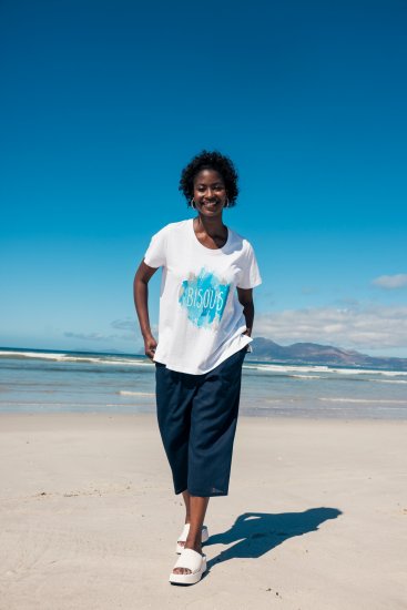 Ulla Popken Cropped Linen Blend Elastic Waist Pants Navy - Blugi & Pantaloni pentru Femei Mărimi Mari – Plus Size - 