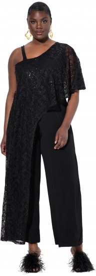 Ulla Popken Asymmetric Lace Panel Jumpsuit Black - Blugi & Pantaloni pentru Femei Mărimi Mari – Plus Size - 