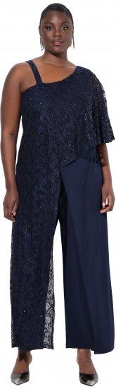 Ulla Popken Asymmetric Lace Panel Jumpsuit Navy - Blugi & Pantaloni pentru Femei Mărimi Mari – Plus Size - 