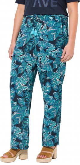 Ulla Popken Tropical Leaf Print Elastic Waist Pants Blue - Blugi & Pantaloni pentru Femei Mărimi Mari – Plus Size - 
