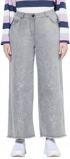 Ulla Popken Embroidered Wide Leg Fringed Hem Jeans Grey - Blugi & Pantaloni pentru Femei Mărimi Mari – Plus Size - 