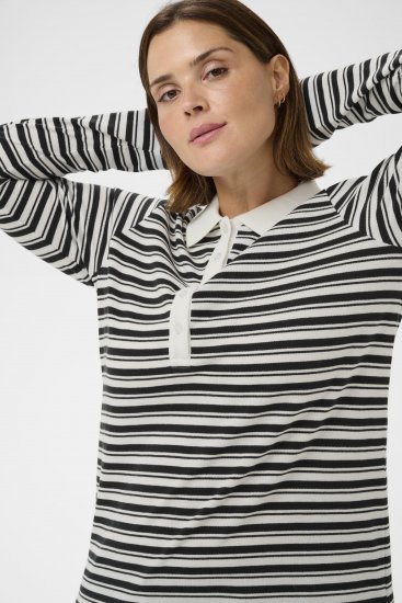 Kaffe Curve Miana Long Sleeve Polo Chalk with Black Stripe - Tricouri polo - 