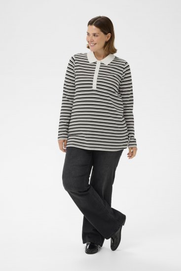 Kaffe Curve Miana Long Sleeve Polo Chalk with Black Stripe - Tricouri polo - 