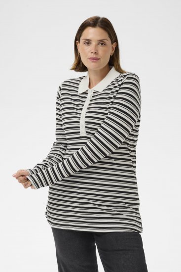 Kaffe Curve Miana Long Sleeve Polo Chalk with Black Stripe - Tricouri polo - 