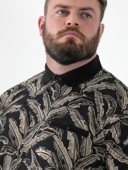 D555 Palmer Leaf Printed Jacquard Collar & Cuff Chest Pocket Polo Black - Tricouri polo - Tricouri Polo Bărbați Mărimi Mari