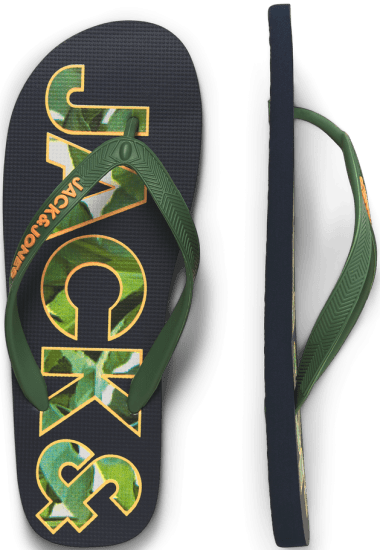 Jack & Jones Logo Palm Print Flip Flop Slippers Navy Blazer/Verdant Green - Bărbați pantofi 40-52 - 