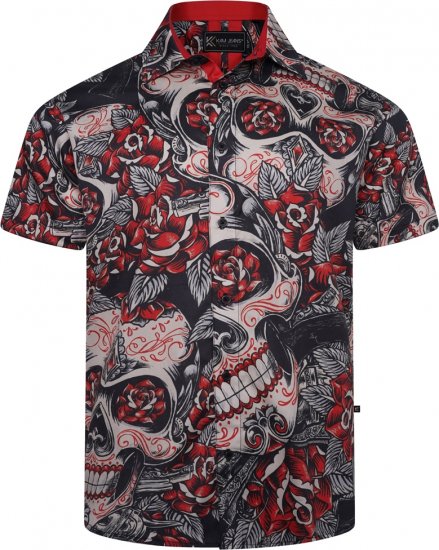 Kam Jeans 6062 Skull And Roses Print Short Sleeve Shirt Black - Cămăși - Cămăși Bărbați Mărimi Mari