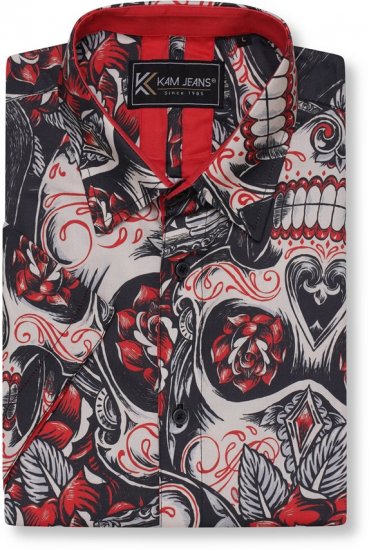 Kam Jeans 6062 Skull And Roses Print Short Sleeve Shirt Black - Cămăși - Cămăși Bărbați Mărimi Mari