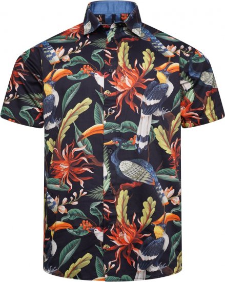 Kam Jeans 6066 Bird Print Short Sleeve Shirt Navy - Cămăși - Cămăși Bărbați Mărimi Mari
