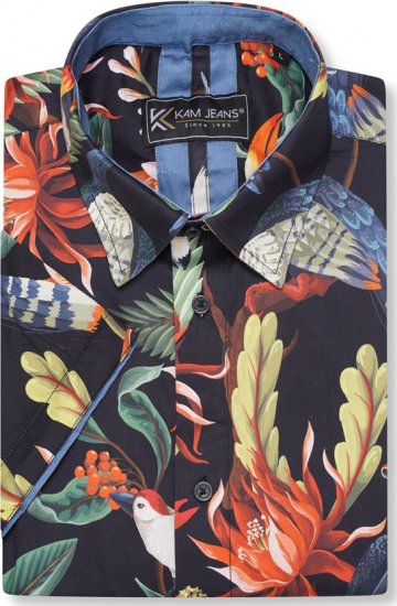 Kam Jeans 6066 Bird Print Short Sleeve Shirt Navy - Cămăși - Cămăși Bărbați Mărimi Mari