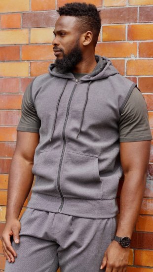 Kam Jeans 7077 Textured Interlock Sleeveless Hoodie Charcoal - Pulovere & hanorace - Pulovere & Hanorace Bărbați Mărimi Mari