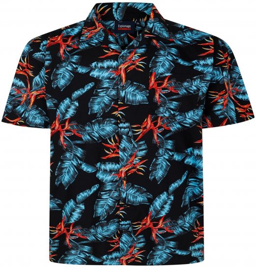 Espionage SH435 All Over Leaf Print Short Sleeve Shirt Black - Cămăși cu mânecă scurtă - Cămăși Bărbați maneca scurta mărimi mari