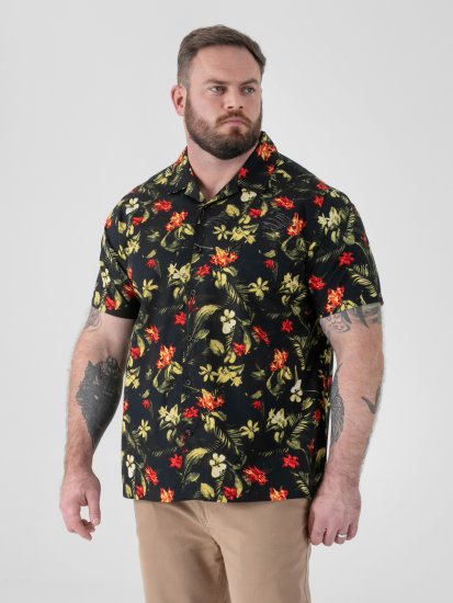 D555 Gordon Hawaiian AOP Cuvan Collar Resort Short Sleeve Black - Cămăși - Cămăși Bărbați Mărimi Mari