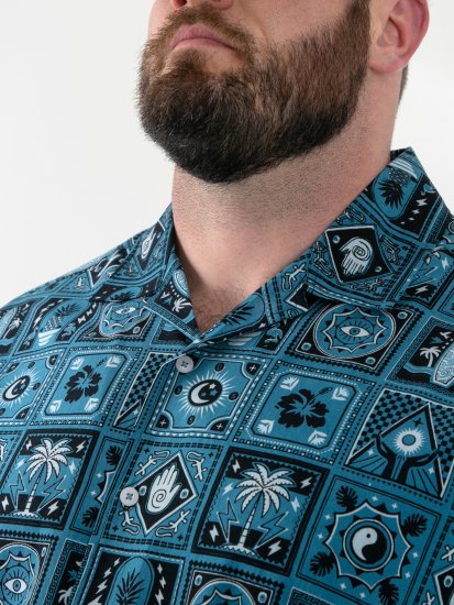 D555 Hawkins Printed Cuban Collar Resort Short Sleeve Shirt Teal - Cămăși - Cămăși Bărbați Mărimi Mari