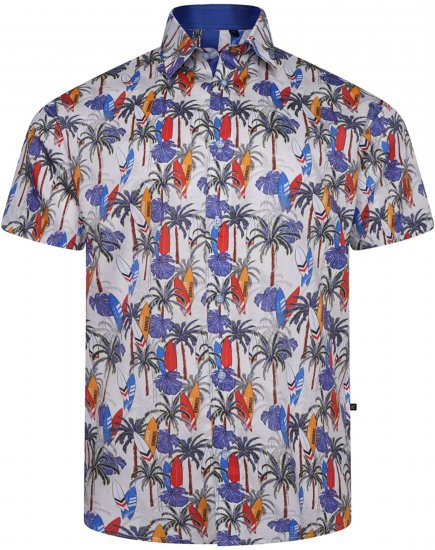 Kam Jeans 6060 Palm Tree and Surf Boards Short Sleeve Shirt White - Cămăși - Cămăși Bărbați Mărimi Mari