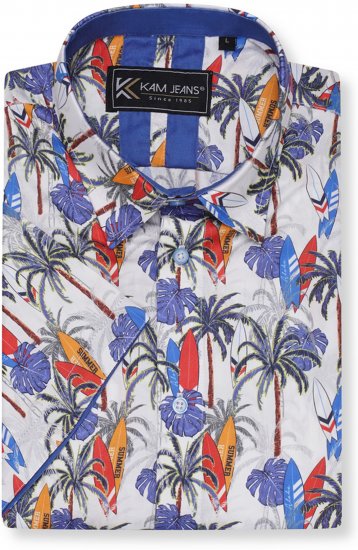 Kam Jeans 6060 Palm Tree and Surf Boards Short Sleeve Shirt White - Cămăși - Cămăși Bărbați Mărimi Mari