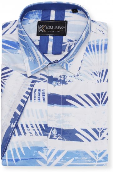 Kam Jeans 6065 Faded Leaf Short Sleeve Shirt Blue - Cămăși - Cămăși Bărbați Mărimi Mari