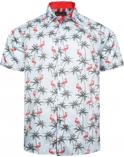 Kam Jeans 6067 Flamingo and Palm Tree Short Sleeve Shirt Blue - Cămăși - Cămăși Bărbați Mărimi Mari