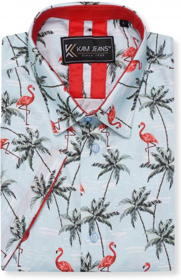 Kam Jeans 6067 Flamingo and Palm Tree Short Sleeve Shirt Blue - Cămăși - Cămăși Bărbați Mărimi Mari