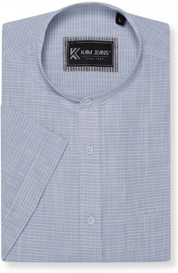 Kam Jeans 6334 Striped Grandad Short Sleeve Shirt Blue - Cămăși - Cămăși Bărbați Mărimi Mari