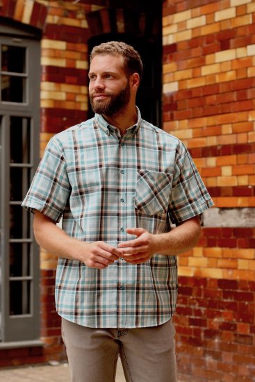 Kam Jeans 6339 Checked Short Sleeve Shirt Mineral Blue - Cămăși - Cămăși Bărbați Mărimi Mari