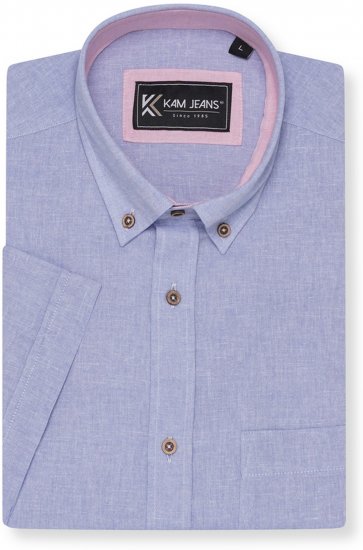 Kam Jeans 6340 Linen Mix Short Sleeve Shirt Blue - Cămăși - Cămăși Bărbați Mărimi Mari