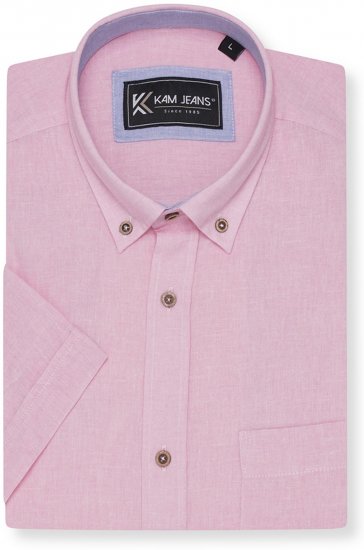 Kam Jeans 6340 Linen Mix Short Sleeve Shirt Pink - Cămăși - Cămăși Bărbați Mărimi Mari
