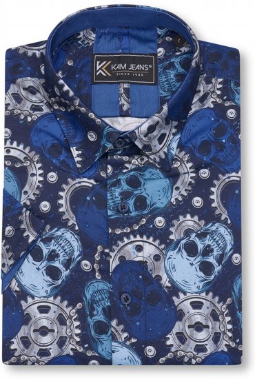 Kam Jeans 6070 Retro Skull Short Sleeve Shirt Navy - Cămăși - Cămăși Bărbați Mărimi Mari
