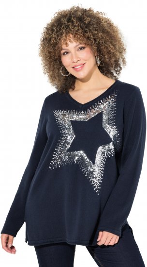 Ulla Popken Sequined Star Rolled Edge Sweater Navy - Pulovere & hanorace - 