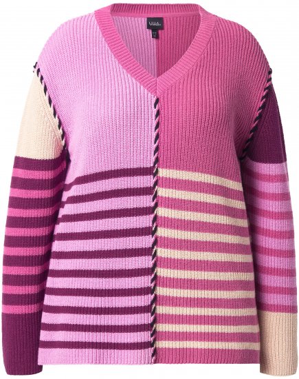 Ulla Popken Patchwork Striped Long Sleeve V-Neck Sweater Raspberry - Pulovere & hanorace - 