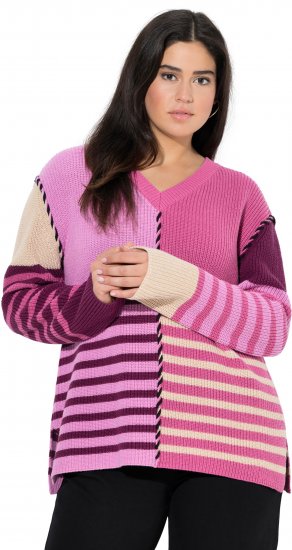 Ulla Popken Patchwork Striped Long Sleeve V-Neck Sweater Raspberry - Pulovere & hanorace - 