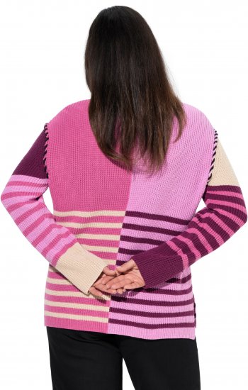 Ulla Popken Patchwork Striped Long Sleeve V-Neck Sweater Raspberry - Pulovere & hanorace - 