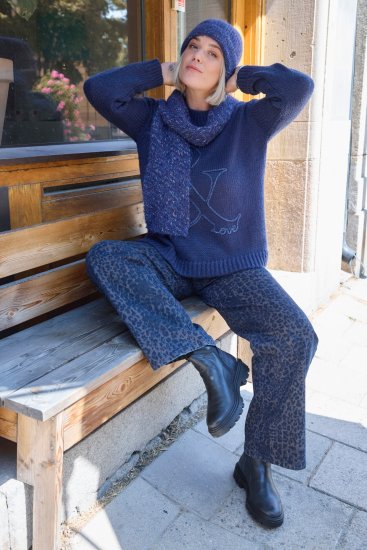 Ulla Popken Textured Glitter Embroidery Oversized Sweater Ink Blue - Pulovere & hanorace - 