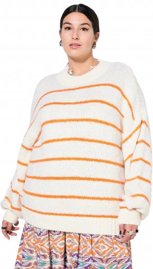 Ulla Popken Oversized Striped Balloon Sleeve Sweater Off-White - Pulovere & hanorace - 