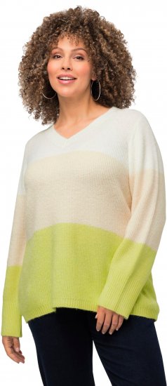 Ulla Popken Block Stripe Long Sleeve V-Neck Sweater Lime Green - Pulovere & hanorace - 