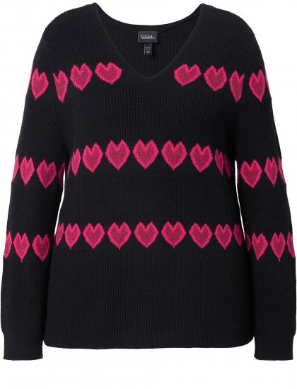 Ulla Popken Heart Print Long Sleeve V-Neck Sweater Black - Pulovere & hanorace - 