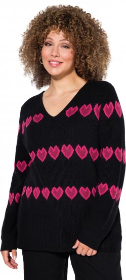 Ulla Popken Heart Print Long Sleeve V-Neck Sweater Black - Pulovere & hanorace - 