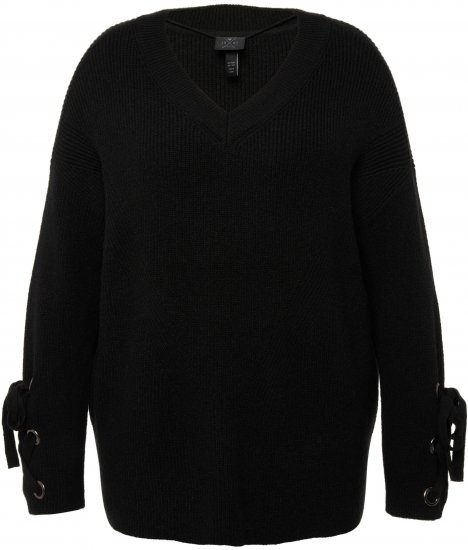 Ulla Popken Lace-Up Cuff Long Sleeve V-Neck Sweater Black - Pulovere & hanorace - 