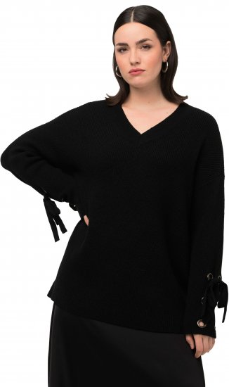 Ulla Popken Lace-Up Cuff Long Sleeve V-Neck Sweater Black - Pulovere & hanorace - 