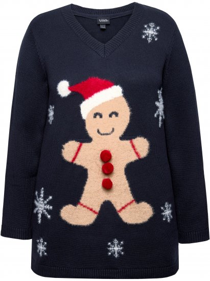 Ulla Popken Gingerbread Man Christmas Sweater Navy - Pulovere & hanorace - 